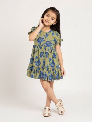 Utsa Kids Green Floral Printed Cotton A-Line Dress - (2-8yrs)