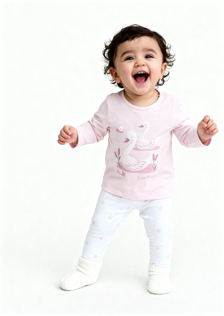 HOP Baby Pink Swan Design Cotton T-Shirt with Pants Set