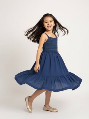 Utsa Kids Navy Embroidered Cotton-Blend A-Line Dress - (2-8yrs)