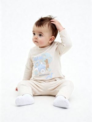 HOP Baby Beige Embossed Cotton T-Shirt with Pants Set