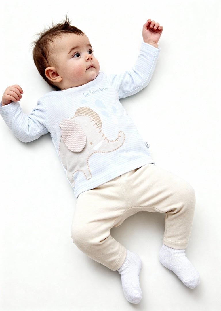 HOP Baby Beige Animal Design Cotton T-Shirt with Pants Set