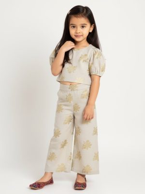 Utsa Kids Beige Floral Design Cotton-Blend Ethnic Top - (2-8yrs)