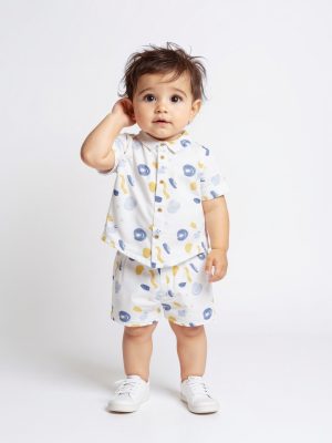 HOP Baby White Printed Cotton Shirt with Shorts Set