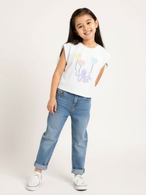 HOP Kids White Printed Cotton Top