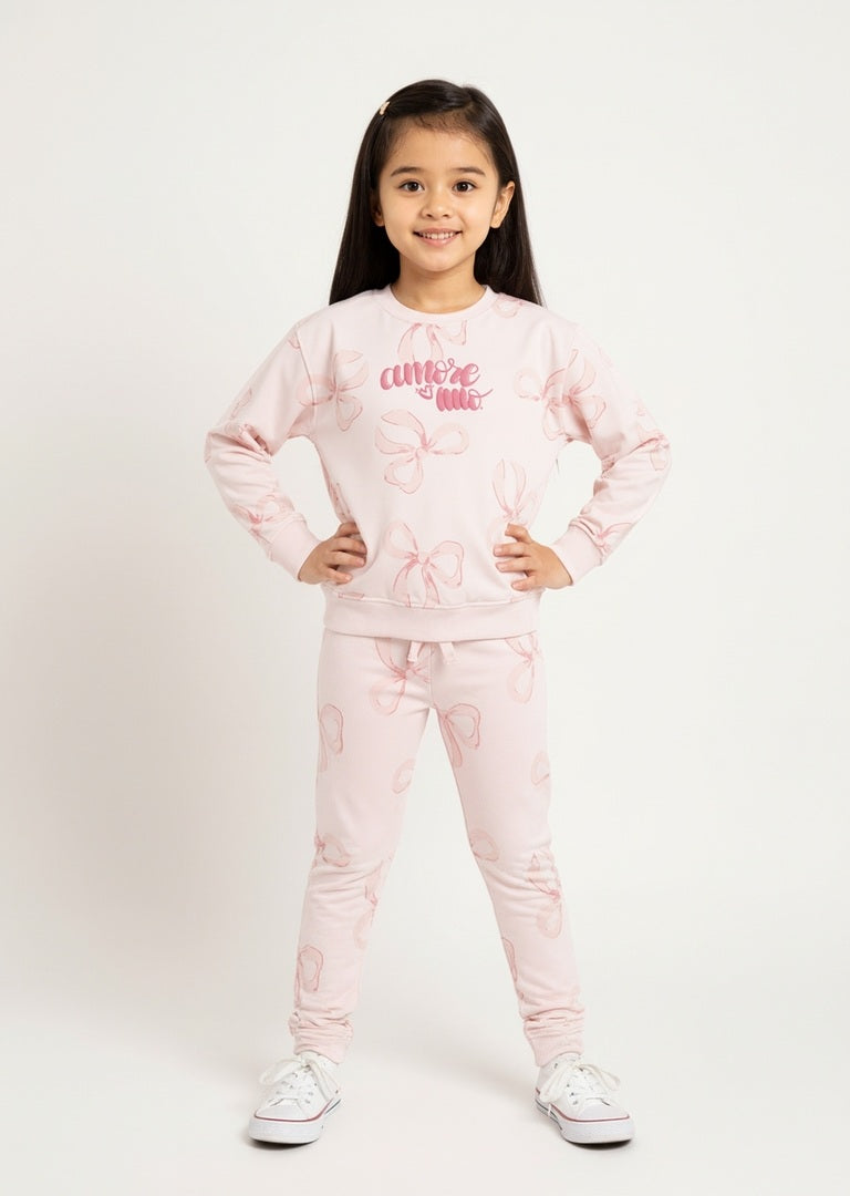 HOP Kids Pink Printed Cotton Sweatshirt and Leggings Set