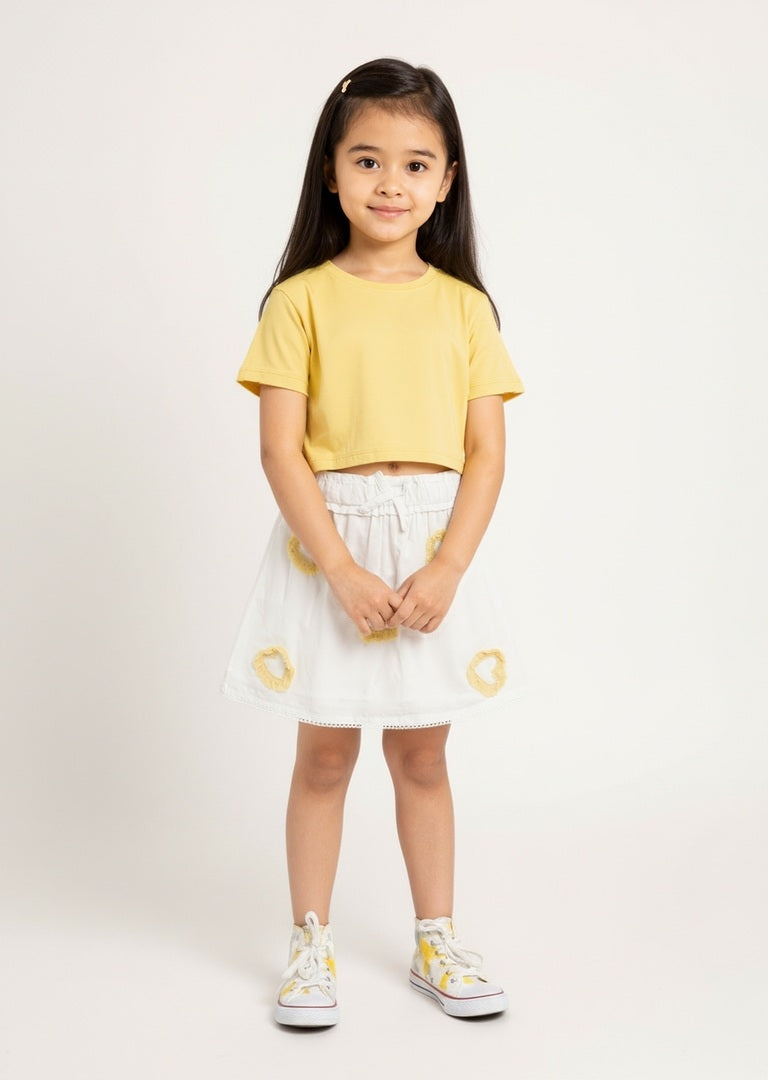HOP Kids White Heart Detailed High-Rise Cotton Skirt