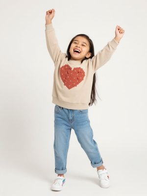 HOP Kids Beige Heart Design Cotton-Blend Sweatshirt