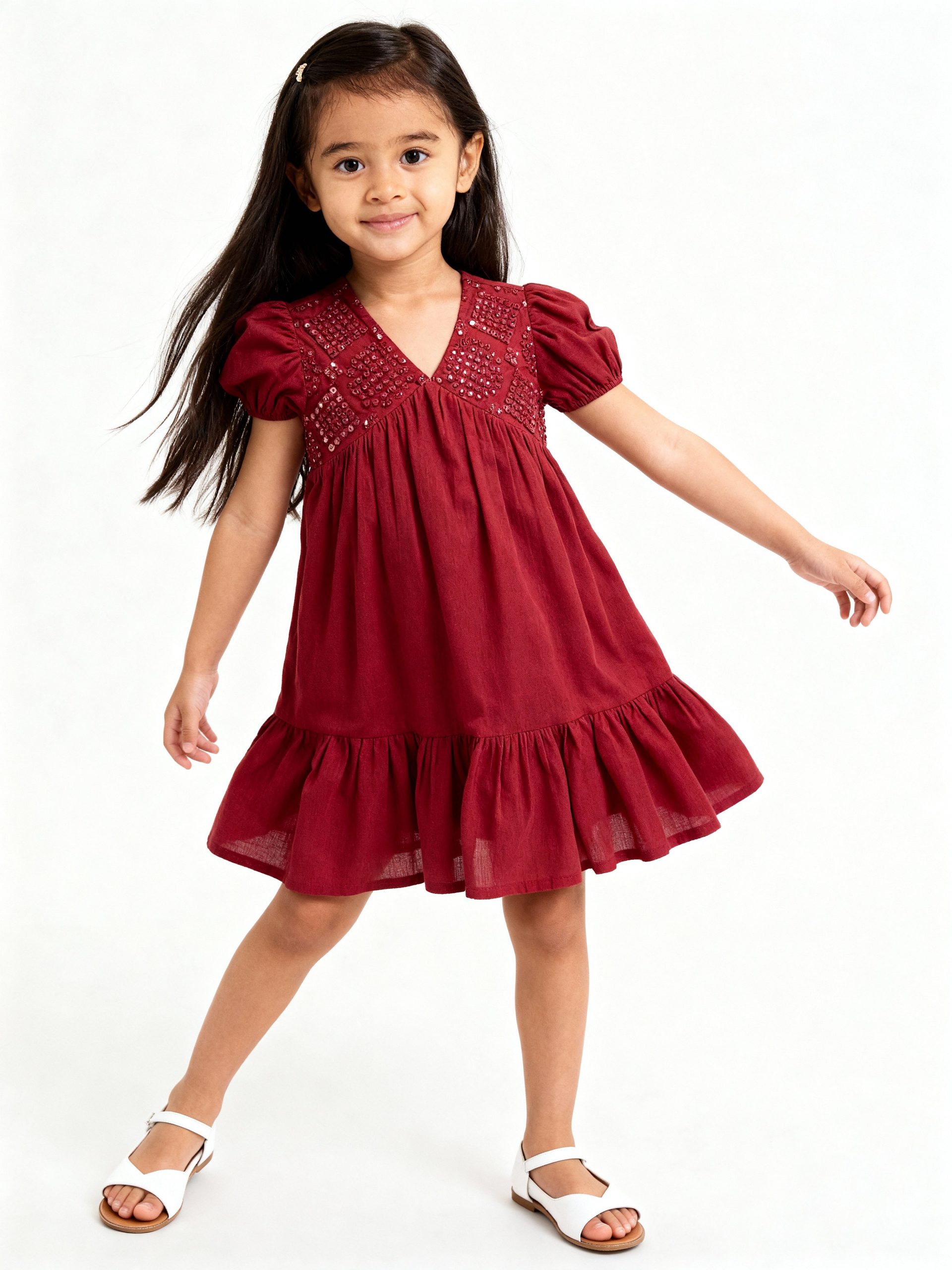 Utsa Kids Red Mirror-Work Detailed Cotton Tiered Dress - (2-8yrs)