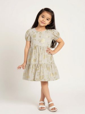 Utsa Kids Beige Floral Design Tiered Cotton-Blend Dress - (2-8yrs)