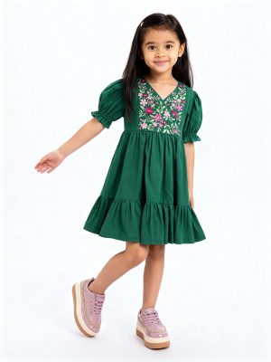 Utsa Kids Sea Green Floral Embroidered Cotton Tiered Dress - (2-8yrs)