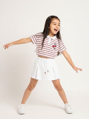 HOP Kids Red Striped Cotton Polo T-Shirt with Skirt Set