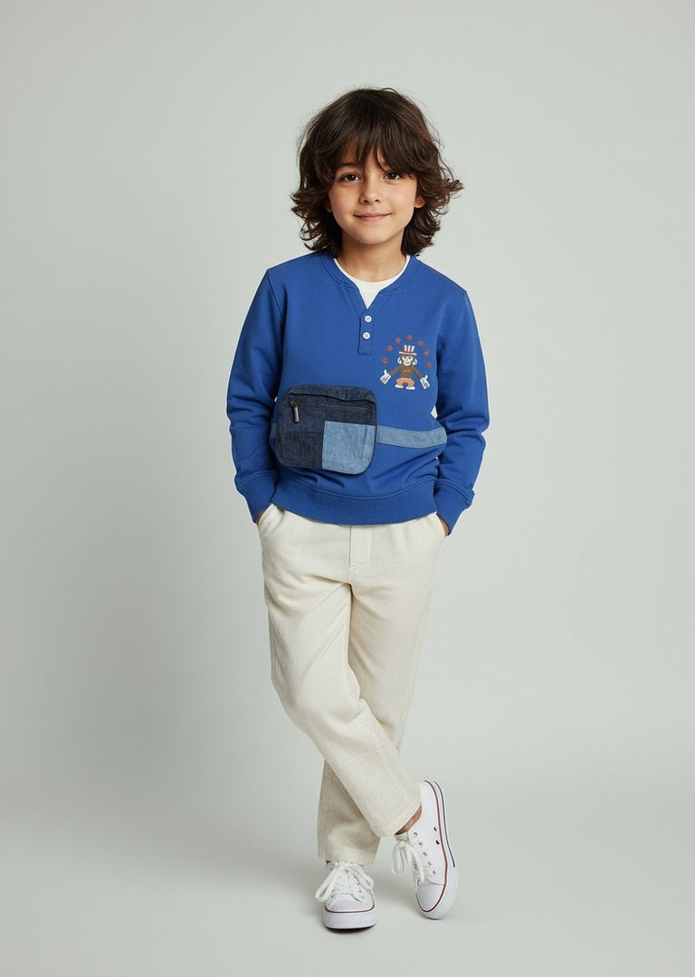 HOP Kids Blue Pouch-Detailed Cotton Sweatshirt