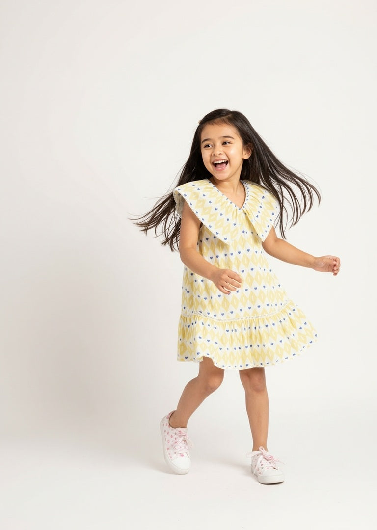 HOP Kids Yellow Printed Cotton A-Line Dress