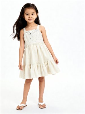 Utsa Kids Off-White Mirror-Work Detailed Cotton Tiered Dress - (2-8yrs)