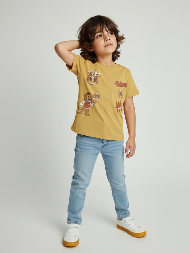HOP Kids Mustard Printed Cotton T-Shirt